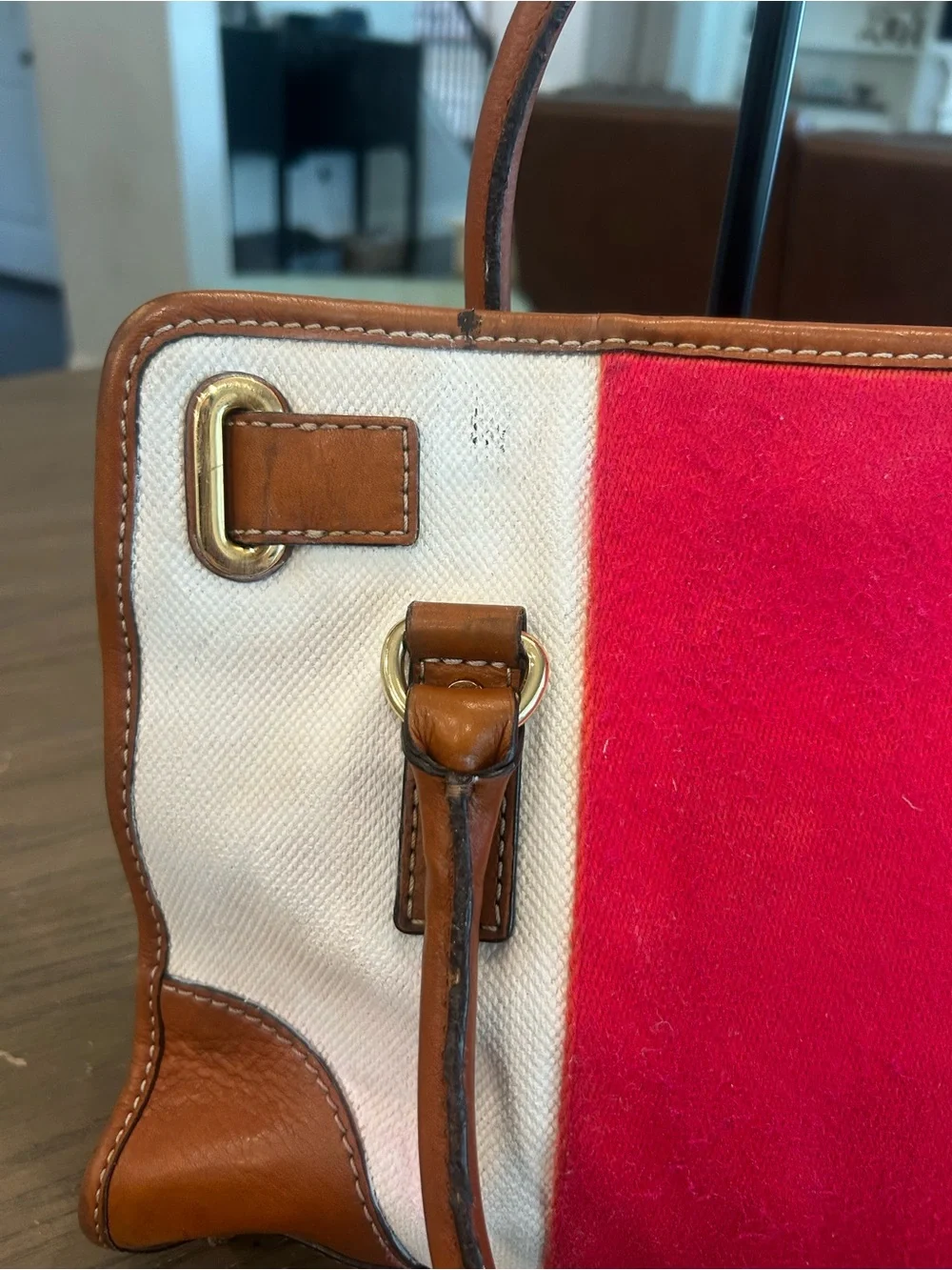 Michael Kors Brown Leather & Red Stripe Canvas Satchel